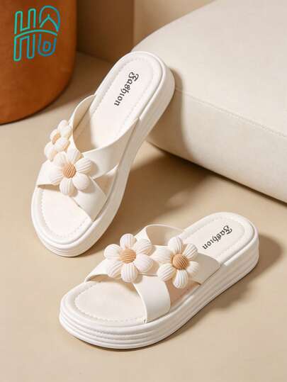 Sandalias decoradas con flores cómodas y de moda para mujer, uso diario casual, chanclas tipo slip-on para la playa, sandalias de verano para mujer, esencial de playa, atuendo de verano para mujer, chanclas blancas, sandalias blancas