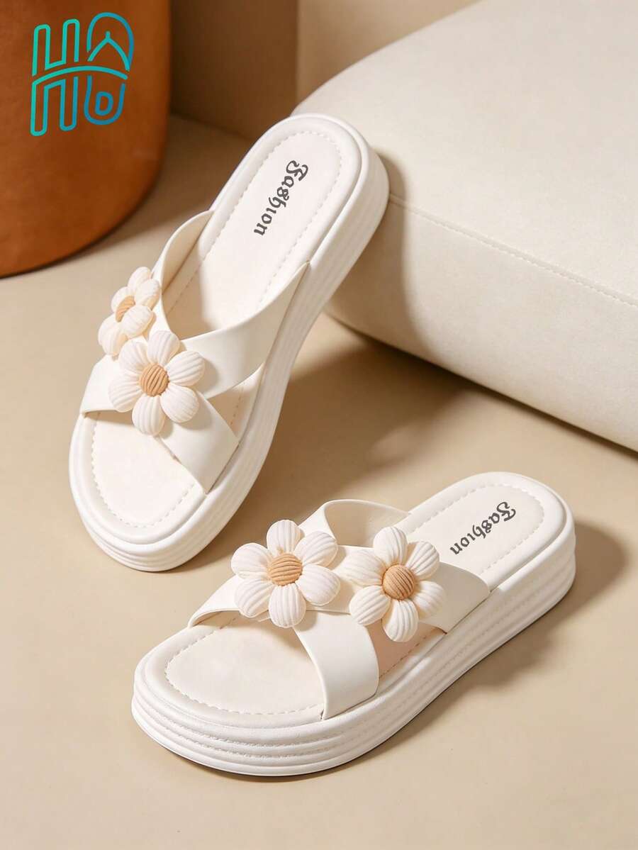Damen bequeme & modische Sandalen mit Blumendekoration, Casual Alltagstragen, Strand Slip-On Pantoffeln, Damen Sommer Sandalen, Strand Essentiell, Damen Sommer Outfit, weiße Pantoffeln, weiße Sandalen - Weiss - Übersicht 1