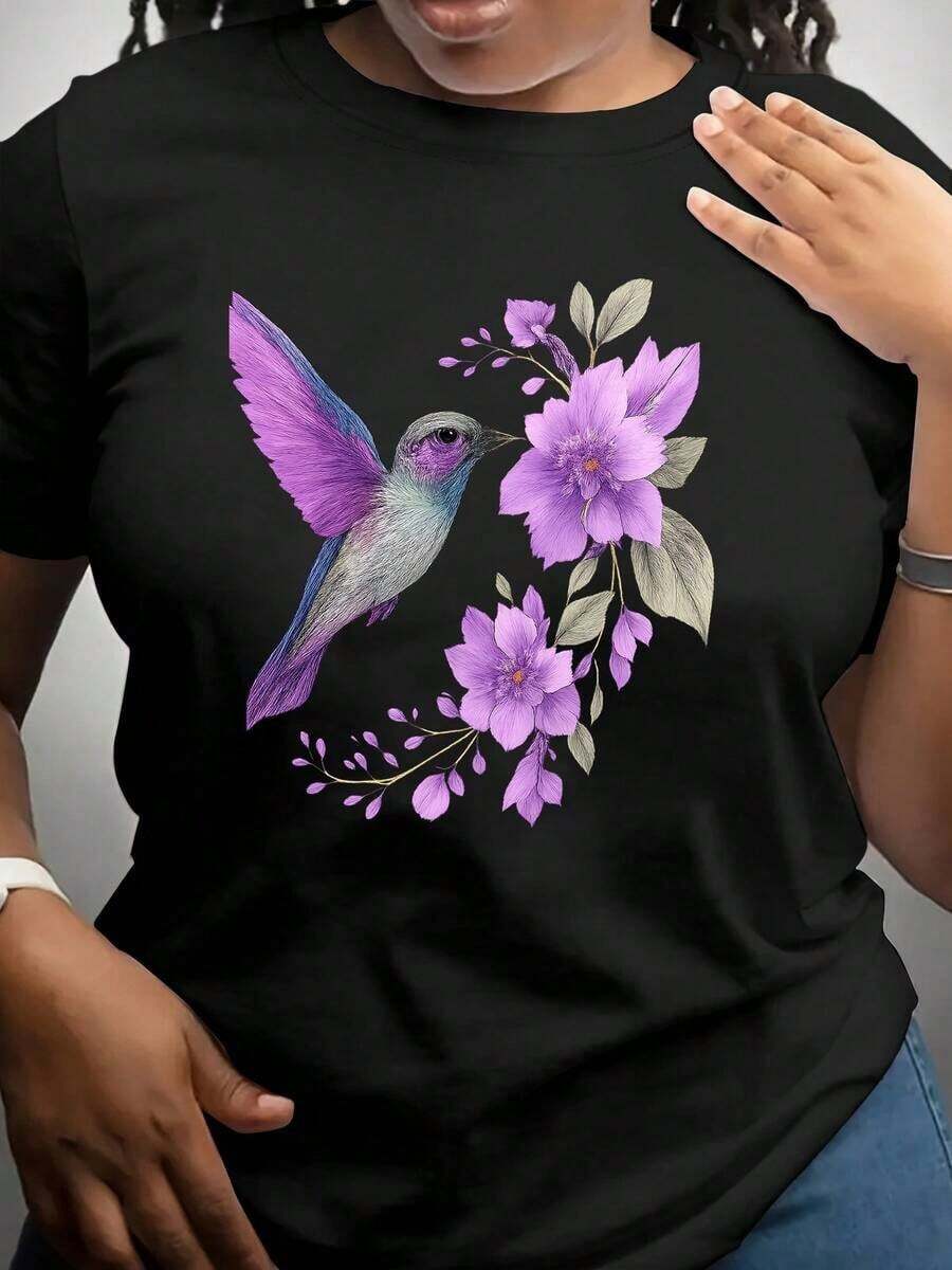Soft 100% Cotton T-Shirt, Plus Size Casual T-Shirt, Hummingbird Design T-Shirts Are Perfect For Summer Walks, Vacations, Bird Watching And As Gifts For Outdoor Enthusiasts, Soft And Comfortable To Wear, Breathable Cotton T-Shirt, Matches Everything, Great. - 黑色 - 查看 1