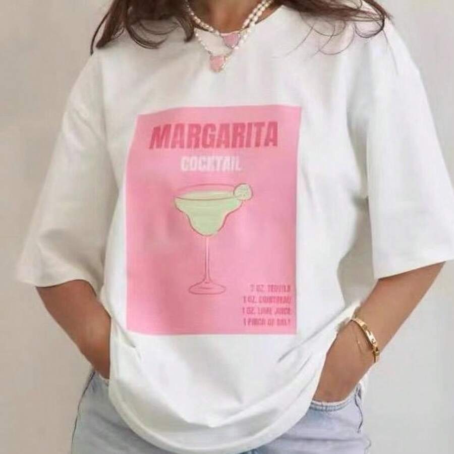 Diseño de estilo americano, nueva camiseta blanca sencilla de manga corta con estampado veraniego, camiseta casual de moda europea y americana. - Camisa blanca de manga corta [con un cóctel] - Ver 1