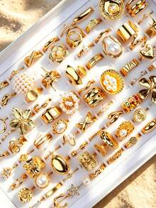 Set de 10 anillos de perlas falsas, anillos abiertos de estilos mixtos elegantes y lujosos, adecuados para fiestas, bodas, uso diario, regalo de joyería de moda, surtido aleatorio - 10 anillos de perlas aleatorios - Ver 2