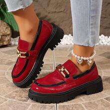 Women's Fashion Thick Sole PU Leather Loafers - Red - View 3