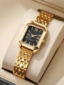 1 Stück Damen Mode Quadratische Römische Ziffern Zifferblatt Quarz Armbanduhr, klassisch eleganter Stil (nur Uhr, ohne Verpackung) - Gold - Übersicht 1