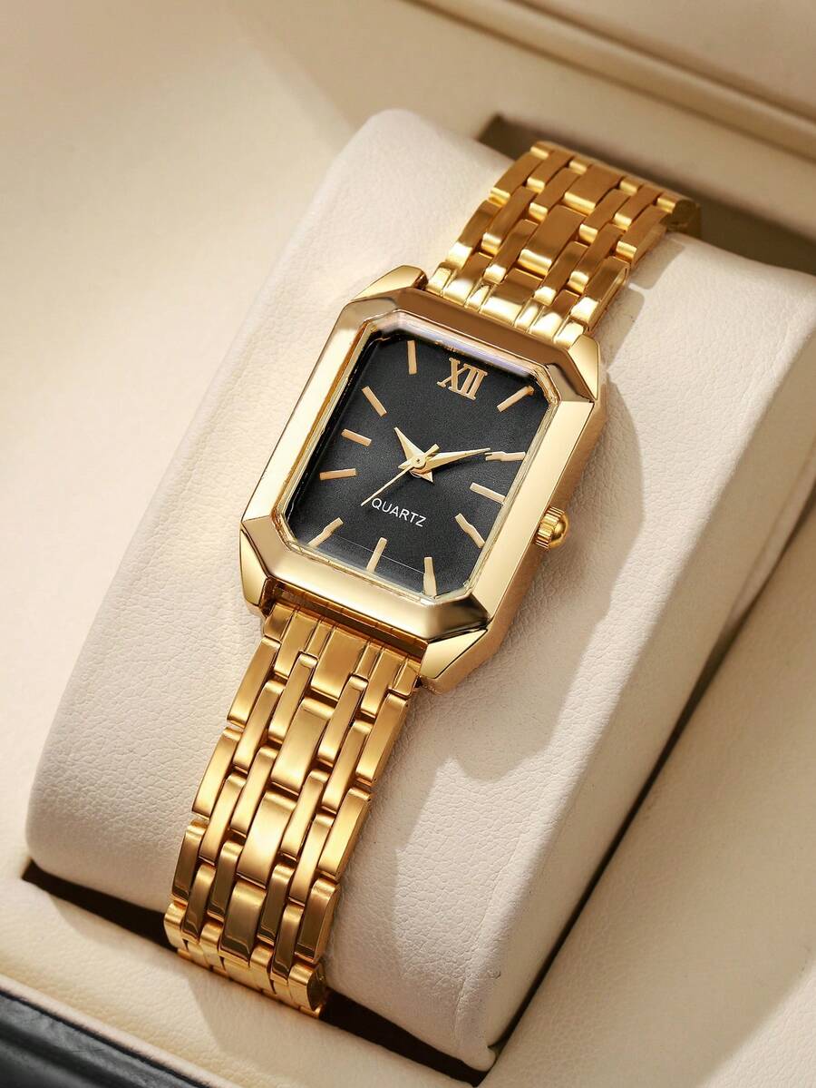 1 Stück Damen Mode Quadratische Römische Ziffern Zifferblatt Quarz Armbanduhr, klassisch eleganter Stil (nur Uhr, ohne Verpackung) - Gold - Übersicht 1