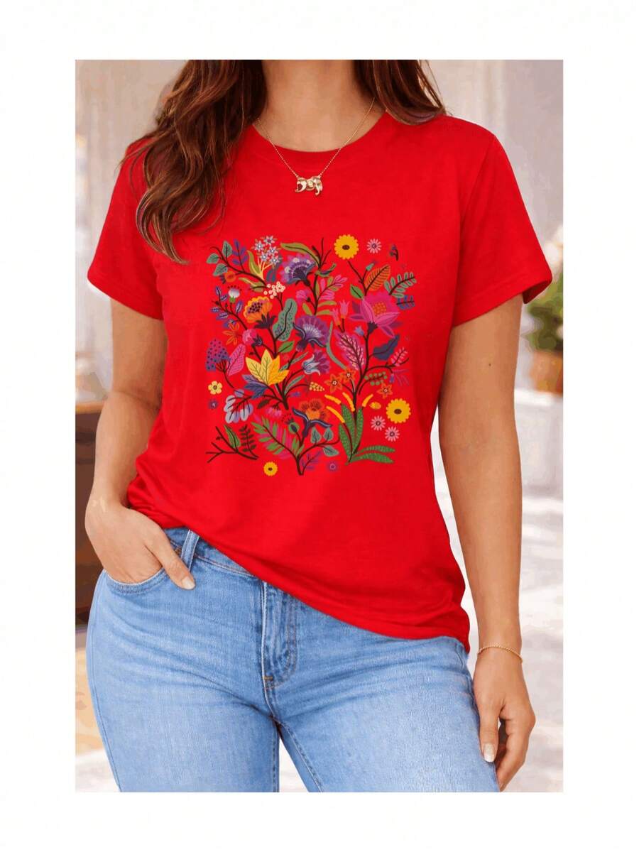 Soft 100% Cotton Women's Short-Sleeved T-Shirt With Multicolored Garden Floral Print, Botanical Wildflowers, Exotic Foliage, Casual Style, Breathable, Goes With Everything, Great. - 紅色 - 查看 1