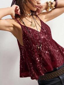 Camiseta de tirantes finos sin mangas de verano con lentejuelas de moda casual para mujeres - Burdeos - Ver 3