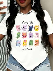 Women's Short-Sleeved Graphic T-Shirt Featuring A Design Of Children Reading Books, Ideal For Book Lovers, With Animated Books And Fun Quotes. Perfect For Reading Enthusiasts, Students, And Literature Fans. Casual Wear For Everyday Wear, School, Or Trips To The Library. - 白色 - 查看 1