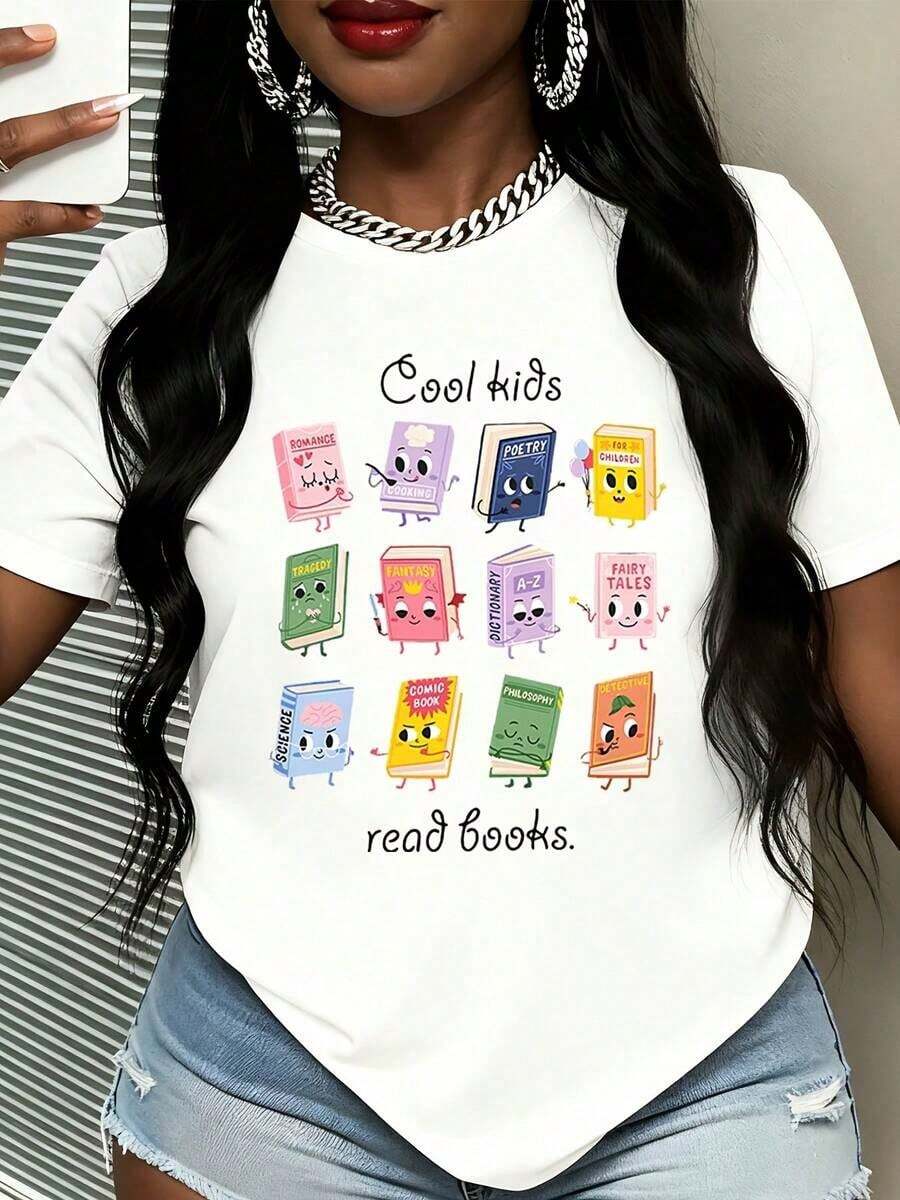 Women's Short-Sleeved Graphic T-Shirt Featuring A Design Of Children Reading Books, Ideal For Book Lovers, With Animated Books And Fun Quotes. Perfect For Reading Enthusiasts, Students, And Literature Fans. Casual Wear For Everyday Wear, School, Or Trips To The Library. - 白色 - 查看 1