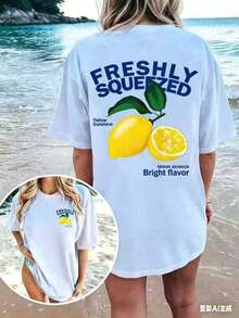 Women's Casual Summer Short-Sleeve T-Shirt With A "FRESHLY SQUEEZED" And "Lemon Vacation Atmosphere" Graphic Print, Loose Fit, And Crew Neck. Unisex Casual T-Shirts For Men And Women. - 白色 - 查看 6