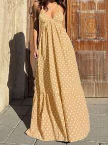 YHHSunnyshic Vestido con estampado digital rosa, cintura ajustada, espalda descubierta, tirantes con lazo, estilo francés de escote en V para vacaciones en la playaYHH - Amarillo claro - Ver 4