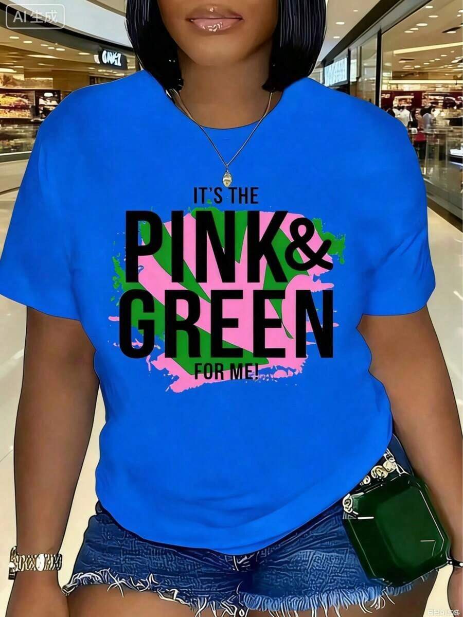 Women's Graphic Crew Neck T-Shirt J15 AKA 1908 - Black With Pink And Green Empowerment Slogans, Breathable, Short Sleeve, Summer, Machine Washable, Festive Wear, Comfortable Fit, Loose And Comfortable, Casual Comfortable T-Shirts - 藍色 - 查看 1