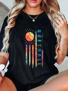 New Casual Summer T-Shirt 100% Cotton Tie-Dye For Softball Players With US Flag - Unisex Vintage Urban Style, Loose Fit, Cotton, Short Sleeve And Crew Neck - 黑色 - 查看 1