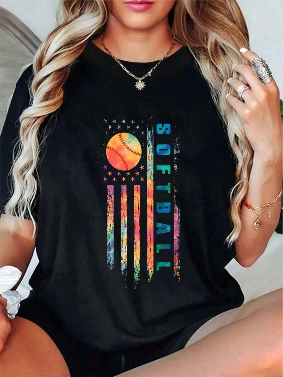 New Casual Summer T-Shirt 100% Cotton Tie-Dye For Softball Players With US Flag - Unisex Vintage Urban Style, Loose Fit, Cotton, Short Sleeve And Crew Neck - 黑色 - 查看 1