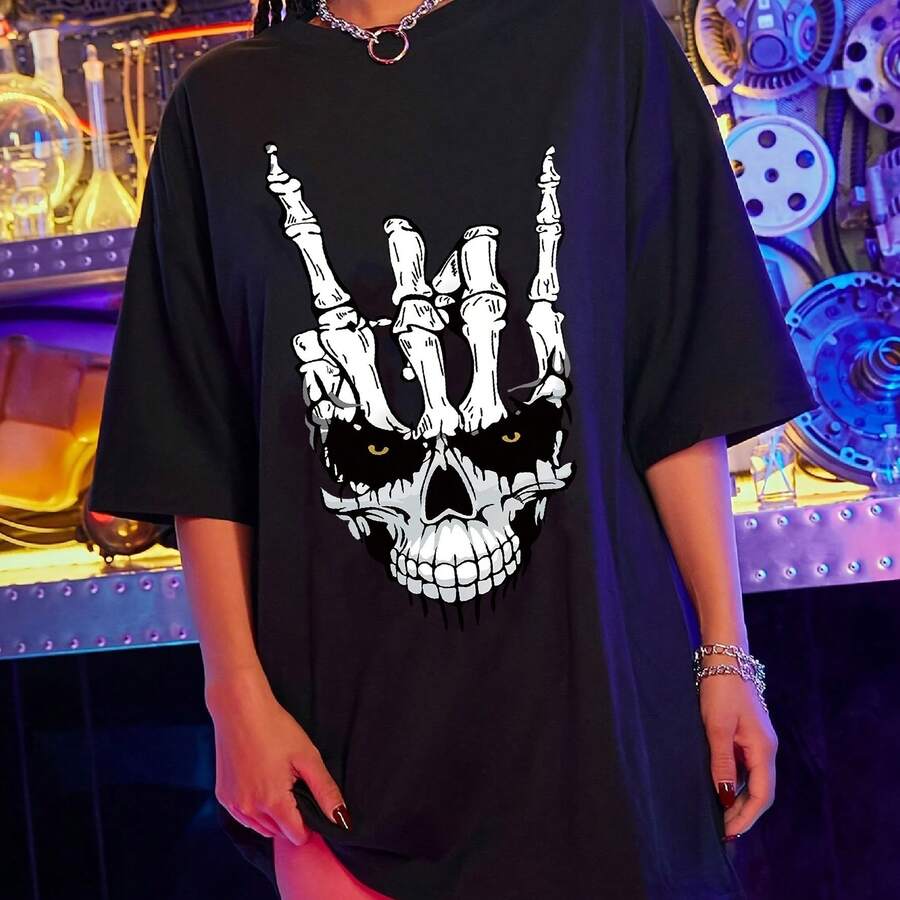 Women's T-Shirt With Skull And Skeleton Hand Rock Style Print, Gothic Music Print T-Shirt, Short Sleeve With Casual Round Neck, Punk Streetwear Style Top. - 黑色 - 查看 1