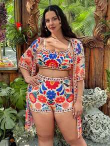 Swim Vcay Set de 3 piezas de traje de baño tipo tankini con estampado floral para mujer talla grande, conjunto casual de playa de verano - Multicolor 4 - Ver 5