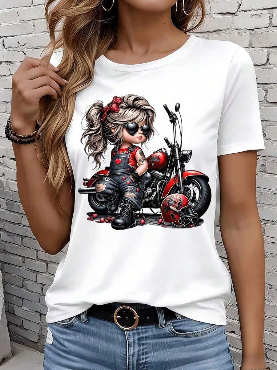 Camisetas de manga corta para mujer en blanco y negro son adecuadas para el ocio diario, el hogar y los viajes al aire libre. Camiseta con estampado de chica motociclista con motocicleta y overol de corazón, camiseta gráfica casual para mujer, top de moda, regalo para fiestas y vacaciones. - Blanco - Ver 1