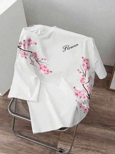 Áo thun nữ tay ngắn dáng rộng cổ điển in hình hoa anh đào kép, kiểu Nhật Bản, họa tiết hoa lá, cổ tròn, phong cách đường phố, thích hợp mặc hàng ngày, mùa xuân/hè, du lịch và nghỉ dưỡng, quà tặng cho người yêu hoa anh đào.