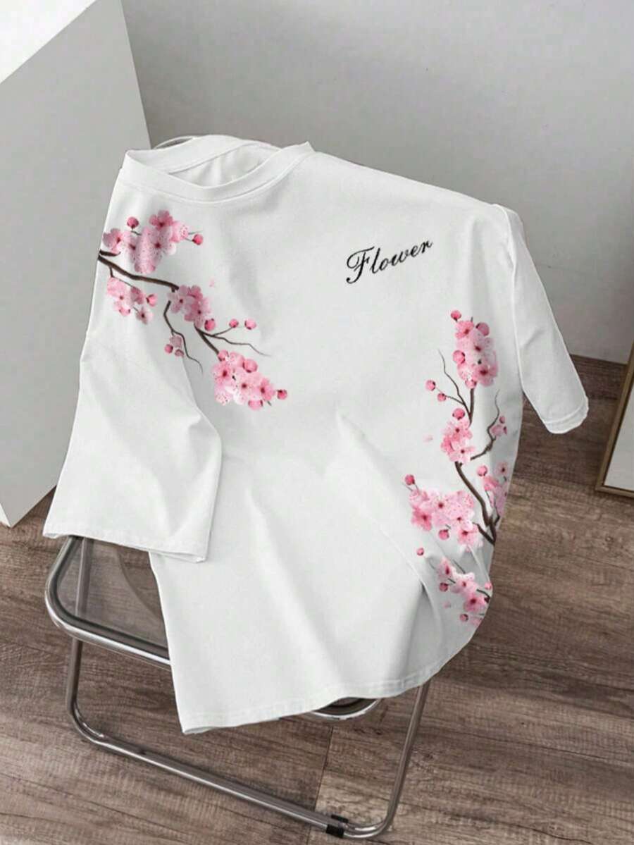 女士复古宽松双樱花印花短袖T恤,日系花卉图案休闲上衣,圆领街头风日常穿搭,春夏旅行度假,樱花爱好者礼物 白色 - 白色 - 查看 1