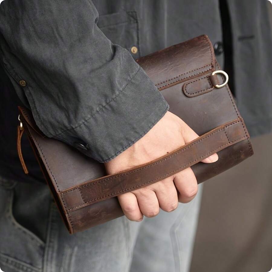 1PCS, Men's Genuine Leather Clutch Bag, Crazy Horse Leather Handbag, Top Layer Cowhide Multifunctional Phone Bag - 復古咖啡 (VCE) - 查看 1