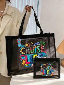 Cruise Life 海灘印花網格托特包,大容量海灘旅行手提包,附透明網格化妝收納袋與行李吊牌,多款可選。輕量透氣、防沙且可重複使用,可收納泳衣、毛巾、防曬乳、化妝品及日常必需品,適合郵輪旅行、海灘度假、泳池派對、熱帶旅遊與週末短途旅行 - 彩色 - 查看 3