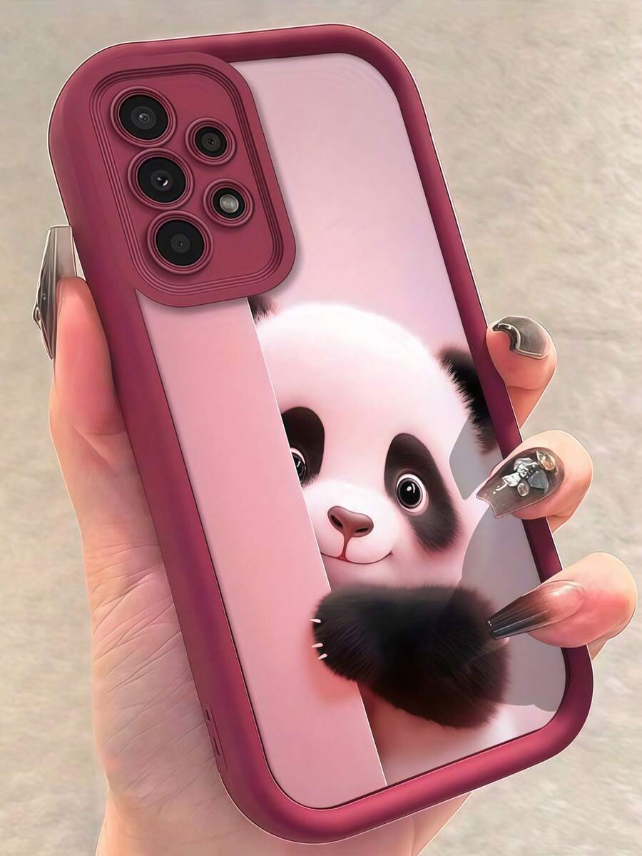 1个渐变边框多巴胺哑光可爱熊猫图案手机壳,简约设计,柔和可爱卡通风格,完美保护您的手机,适用于荣耀X7/三星Galaxy A56 5G/Smart 8/Hot 40/传音Spark 30C/Spark Go 2024/Note 14 5G/E22/E22i/A54 - 酒紅色 - View 1
