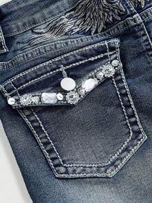 Grunge Punk Shorts vaqueros de talle bajo con decoración de alas bordadas con cristales, estilo Y2K - Azul - Ver 3
