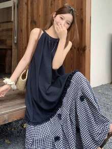 Vestido casual de verano para mujer sin mangas con parches de colores contrastantes - Azul marino - Ver 6