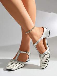 Classic Vintage Solid Color Buckle PU Leather Shoes, Suitable For Beach, Wedding, Party, Office, Indoor & Outdoor, Spring/Summer - Silver - View 5