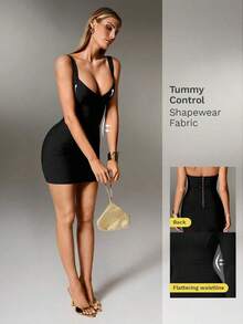 Vestido de vacaciones ajustado y sexy con espalda descubierta para mujer, vestido de punto acanalado que se ajusta a la curva - Negro - Ver 1