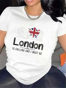Women's London Graphic T-Shirt - Big Ben And British Flag Print With "London Is Calling" Text - Lightweight Polyester T-Shirt For Travel And Casual Wear, UK Souvenir Clothing, Machine Washable, Crew Neck - 白色 - 查看 1