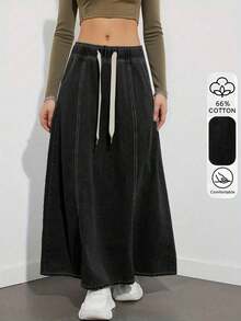 Falda vaquera negra de cintura elástica y corte holgado, falda vaquera casual de longitud media, de moda para primavera/verano - Negro - Ver 8
