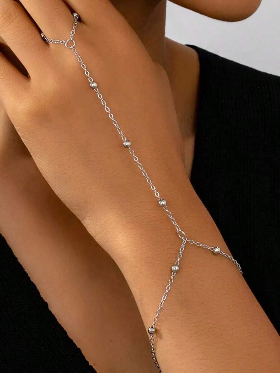 Cadena de dedo integrada con flor de cristal de Rhinestone, accesorio diario minimalista y elegante - Plateado - Ver 1