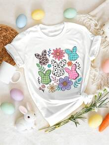 Camiseta de manga corta para mujer - Estampado floral de conejo, top casual de cuello redondo, ajuste elástico y cómodo para primavera, verano y otoño, lavable a máquina, disponible en tallas S-XXL, camiseta de gnomo, camisa estampada con estilo, material opaco - Blanco - Ver 1