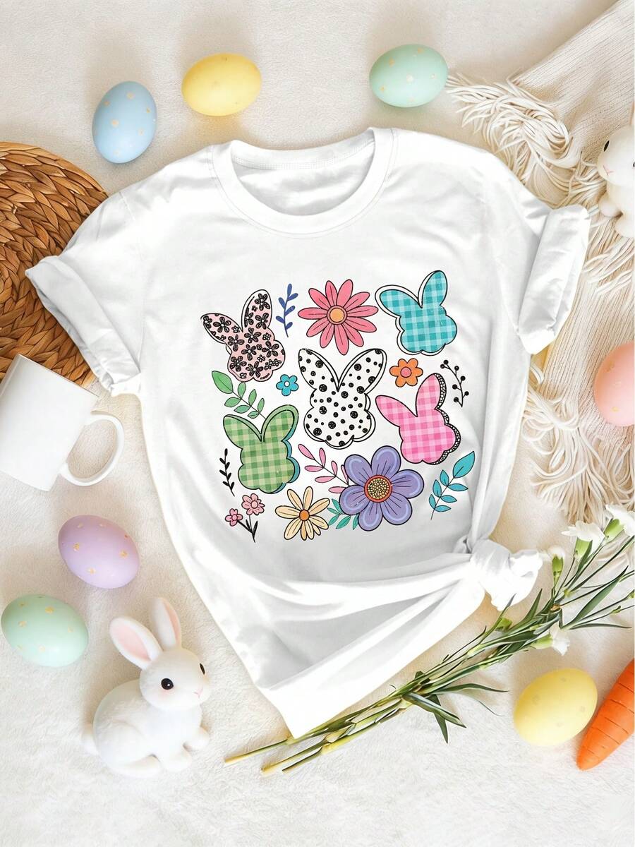 Camiseta de manga corta para mujer - Estampado floral de conejo, top casual de cuello redondo, ajuste elástico y cómodo para primavera, verano y otoño, lavable a máquina, disponible en tallas S-XXL, camiseta de gnomo, camisa estampada con estilo, material opaco - Blanco - Ver 1