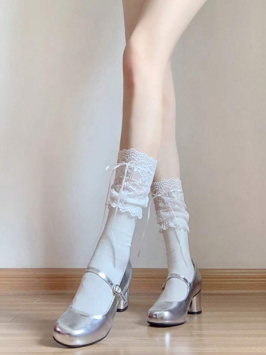 女士蕾丝蝴蝶结芭蕾舞袜，蕾丝蝴蝶结护腿袜，芭蕾萝莉JK风格白色芭蕾舞袜