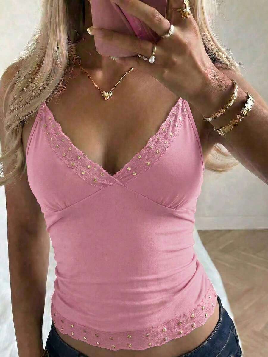 Top de tirantes finos estilo Y2K, de color sólido, sin espalda, ajustado y sexy, con encaje, estilo urbano para graduaciones, ideal para la playa en verano, citas, festivales de música, 4 de julio y más ocasiones informales. - Rosa 2 - Ver 1