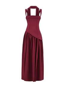 Elegant Women's Strapless Dress With Scarf, Unique Design, High Slit, Pleated, Fitted Waist, And Full Skirt - 紅色 - 查看 5