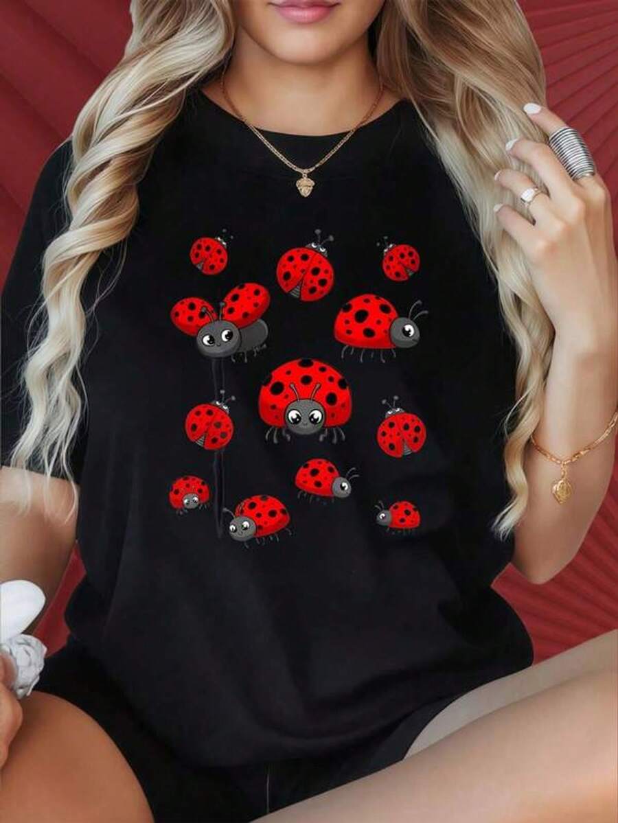 Camiseta de mujer con cuello redondo y mangas cortas, divertida de imprimir. Camiseta negra de mujer con estampado de mariquita, de manga corta, diseño lindo de insecto, adecuada para fiestas de Navidad, actividades deportivas, fiestas de vacaciones, salidas y otros regalos festivos (220g).