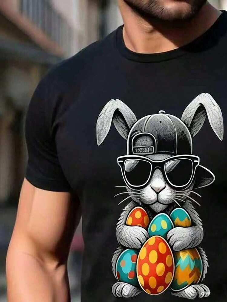 Manfinity Homme Camiseta de manga corta con cuello redondo y estampado de conejo de dibujos animados para hombre - Negro - Añade 3