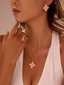 1 Necklace, 1 Pair Of Earrings, A Colorful Enamel Four-Petal Flower Pendant, A Sweet And Fashionable Ladies' Jewelry Set, Suitable For Daily Wear - Set - View 2