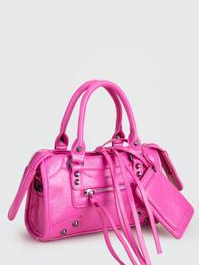 1 pieza Charm para bolso pequeño de material PU retro con cremallera, borlas de metal incrustadas con remaches, diseño de empalme en rosa fucsia, banda con bucle, estilo dulce y cool, biker bag, Y2K punk, bolso cuadrado - Rosa Fucsia - Ver 5