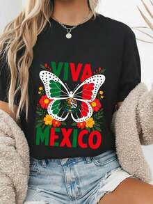 Viva Mexico T-Shirt With Mexican Butterfly Flag For Independence Day, 100% Cotton, Short Sleeve, Round Neck, Unisex, Mexican Pride Gift, Monarch Floral Graphic T-Shirt, Cinco De Mayo, For Summer. - 黑色 - 查看 3