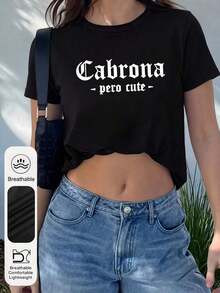 Blusa negra de manga corta con cuello redondo y gráfico de letra, casual de verano para mujer de talla grandeSummer new arrivals - Negro - Ver 3
