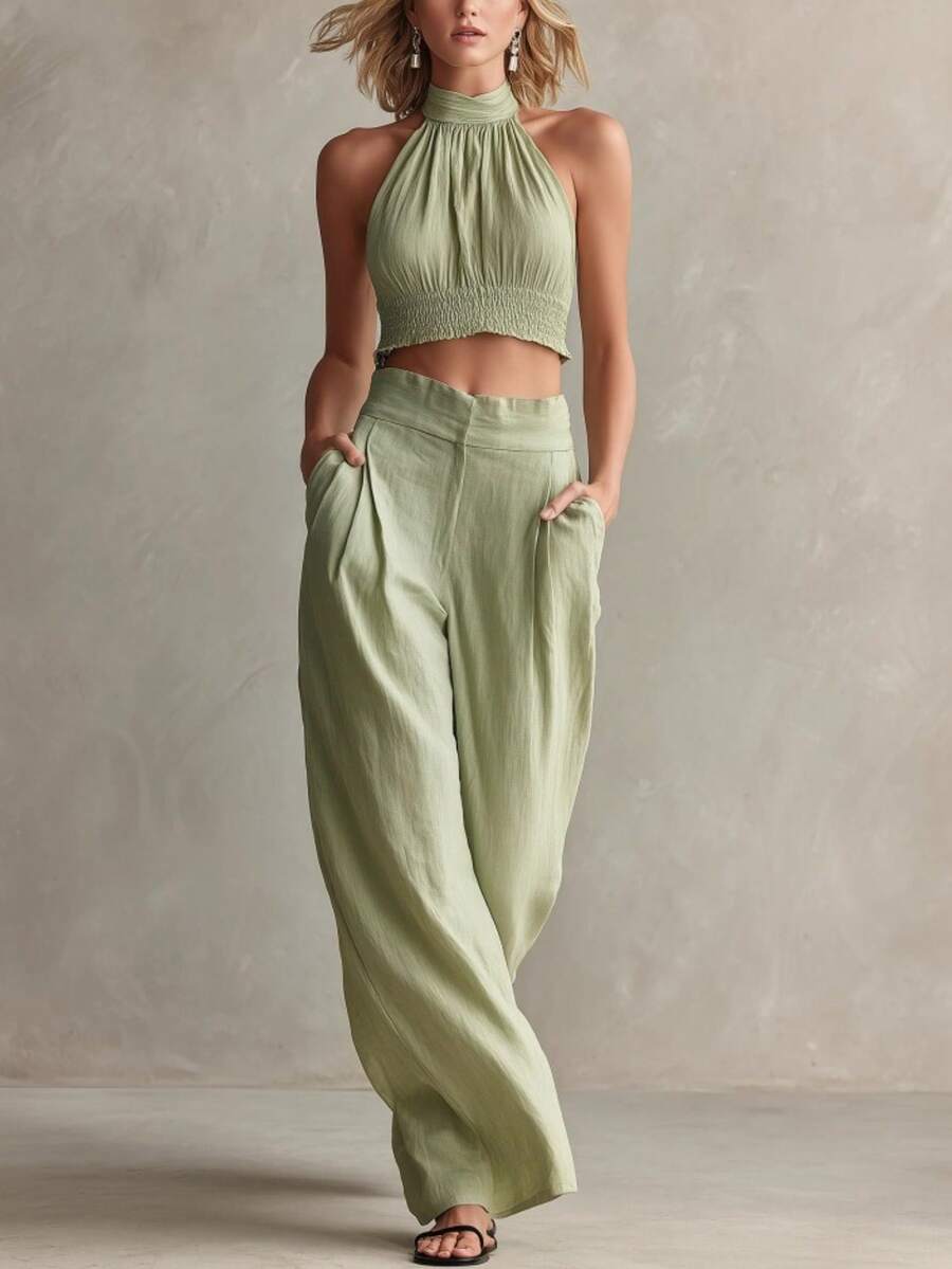 Conjunto de 2 piezas nuevo de moda para mujer, estilo casual, top halter de cuello redondo y espalda descubierta, pantalón largo, perfecto para vacaciones, playa y looks de verano - verde claro - Ver 1