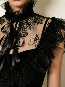 1pc Black Lace Ruffle Mesh Collar, Gothic Victorian Detachable Fake Collar With Ribbon Tie, Vintage Lolita Style Dress Collar Decor - Black - View 4