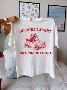 Women's Casual Short Sleeve Crew Neck T-Shirt With "Outside I Skrrt But Inside I Hurt" Print And Raccoon Graphic - White With Red Lettering, Lightweight Semi-Sheer Top For Summer And Spring, Machine Washable, Seasonal Fashion, Fun Design, Semi-Sheer Material, Y2k T-Shirt - 黑色 - 查看 9