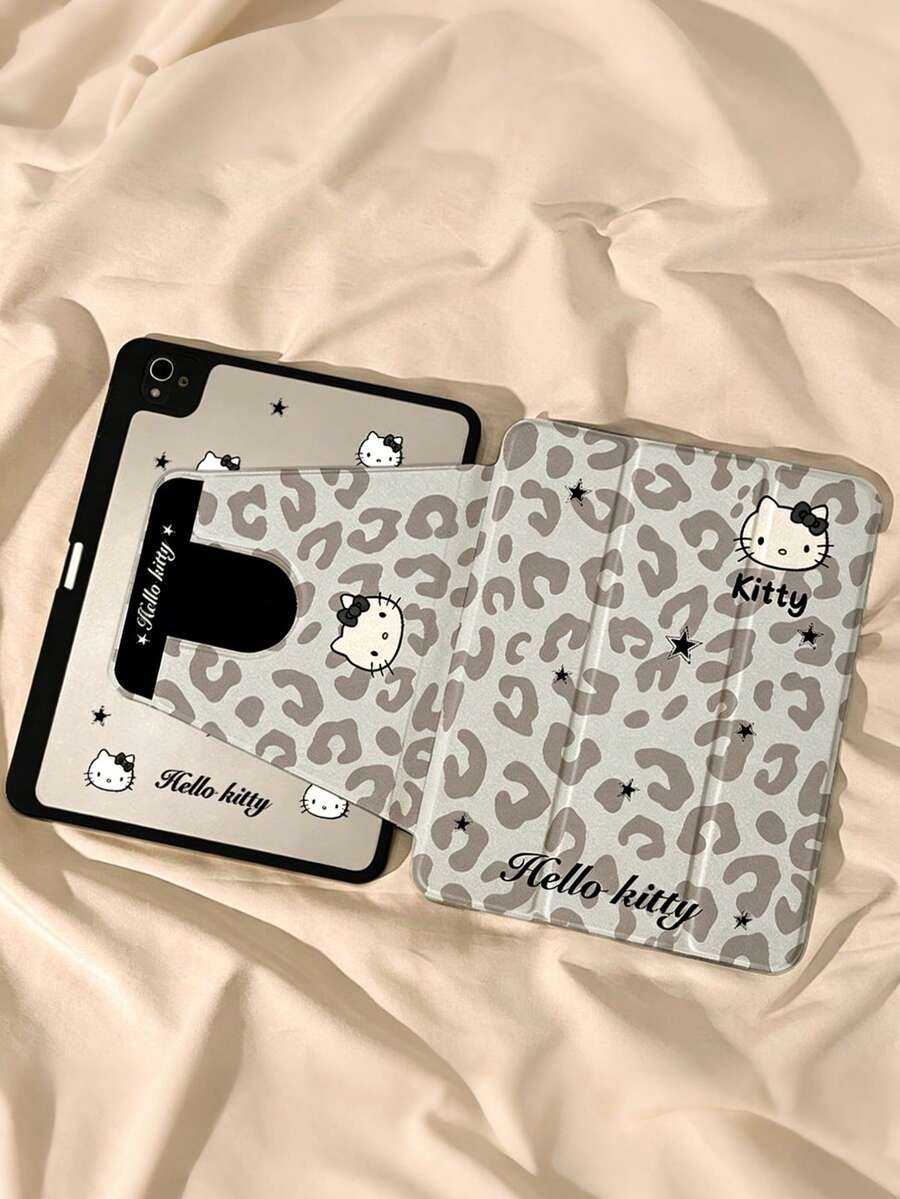 SANRIO Funda protectora de Hello Kitty, diseño de estampado de leopardo, parte trasera transparente, protección a prueba de golpes, tapa abatible giratoria de 720° con función de activación/suspensión automática - Multicolor - Ver 1