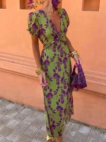 Nuevo vestido femenino de primavera 2026 vestido largo estampado de choque de moda elegante vestido de manga corta - Verde - Ver 3