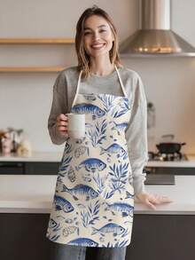 1pc, Lobster, Shell, Sea Turtle, And Fish Pattern Polyester Apron - Suitable For Cooking, Baking, And Gardening, And Can Also Be Used As Attire For The Kitchen And Dining. - Multicolor - View 4