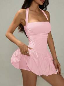 PETITE Vestido informal corto de unicolor con cuello de lazo y espalda descubierta para mujer - Rosa - Ver 8